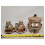 Rowe Pottery Salt Glazed Garlic Jar & S&P