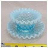 Fenton Blue Opalescent Ruffle Hobnail Set