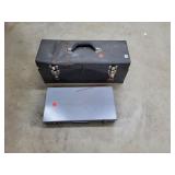 Metal Tool Box, storage case, saw & Misc