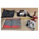 Jig saw, jack, drill bits, & 12v air compressor