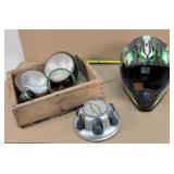 Hub cap, helmet, & vintage lights