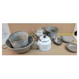 Enamel Tea Kettle, Galvenized Bucket, & More