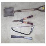 Hedge Shears, Bow Saw, Used Shovel, Machete