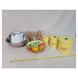 Enamel Pieces, Canister Set, & Figurines