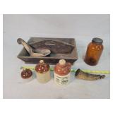 Antique Wooden Tray, Mini Jugs, Powder Horn
