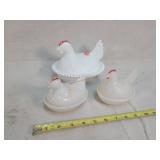 3- Milk Glass Hen On Nests