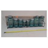 36' W Rack W/ 8- Blue Jars With Metal Lids