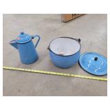 Blue Enamel Teapot And Covered Pot
