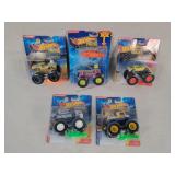 Five Hot Wheels Monster Trucks With Crushed Cars