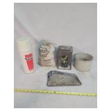 White Farm Equip. Thermos, Crock, Glass