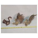 2 Brass Roosters Cast & Iron Squirrel Nutcracker