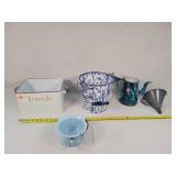 4- Enamelware Pieces & Tin Towel Basket
