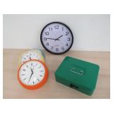 Lot - (4) Clocks & Strong Box
