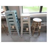 Lot - (4) Blue & (3) White Bar Stools, Etc.