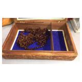 INLAID CARVED WOOD BOX W/ BEADS INSIDE