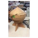 WOVEN BASKET W/ LID ON WOOD STAND