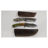 2 DAMASCUS STYLE KNIVES W/ SHEATHS