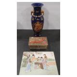 ASIAN VASE, TILE AND DECORATIVE BOX
