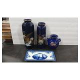 ASIAN THEMED VASES AND TRAY