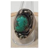 TURQUOISE VTG. STERLING/COIN NATIVE AMERICAN RING