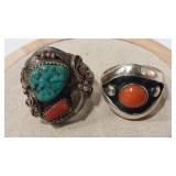 2 NATIVE AMERICAN VTG. TURQUOISE CORAL STERLING/