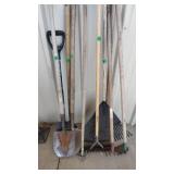 4 SHOVELS AND ASSORTED RAKES