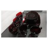 RUBY RED GLASS PLATES, TEACUPS, SUGAR & CREAMER