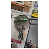 2 CAST IRON PANS, HATCHET AND FOLDING SHOVEL