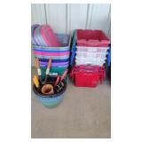 LARGE GROUP OF TOTES W/ LIDS AND GARDENING TOOLS,P
