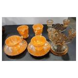 FIREKING LUSTERWARE & AMBER GLASS CANDELABRAS