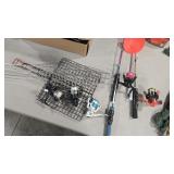 3 ICE FISHING POLES, 2 REELS AND FISH FRY SKILLET