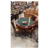 GAME TABLE, 4 CHAIRS W/ NAILHEAD ACCENT, POOL CUE,