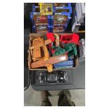 WOOD TRAINS, ANIMALS & TOY CAR ON STAND