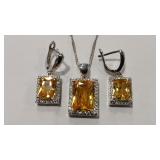 .925 CITRINE COLOR & PAVE CZ NECKLACE & EARRINGS