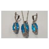 .925 BLUE TOPAZ COLOR & PAVE CZ NECKLACE & EARS