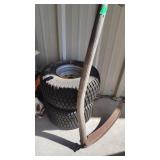 2 MAXXIS 18X8.5R8 MOWER TIRES AND ANTIQUE SYTHE