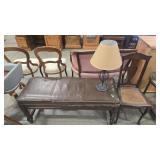 RUSTIC BENCH , CANE BOTTOM CHAIR & ACCENT LAMP