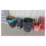 GROUP OF PLANTERS, BUCKETS, SPRINKLERS AND MORE