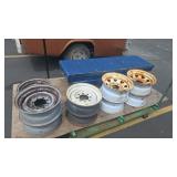 9 TIRE RIMS AND METAL TRUCK BOX