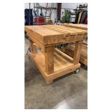 WOODEN WORK BENCH W/ VICE ON WHEELS