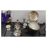 VTG PYREX PLATED ICE BUCKET & 2 PLATED CANDLE