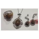 925 MARBLED AGATE TOPAZ COLOR & CZ NECKLACE RING&