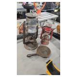2 ANTIQUE LANTERNS AND CAST IRON PAN