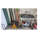 LARGE GROUP OF YARD TOOLS AND ORGANIZER RACKS