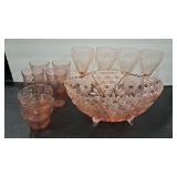 1920'S PINK CUT GLASS BOWL & 4 DEPRESSION WINE