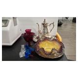 PLATED COFFE SERVICE & COLORED GLASS ASSORTMENT