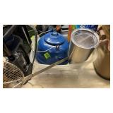 ENAMEL COFFEE POT, PLASTIC UTENSILS, ZIP LOC BAGS