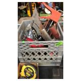 GRAY CRATE OF MISC TOOLS