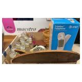MINIATURE BOTTLES, TELEPHONE, ALARM CLOCK, BASKET