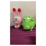 MID CENTURY KITSCH PINK PLASTIC BUNNY BANK & PIG